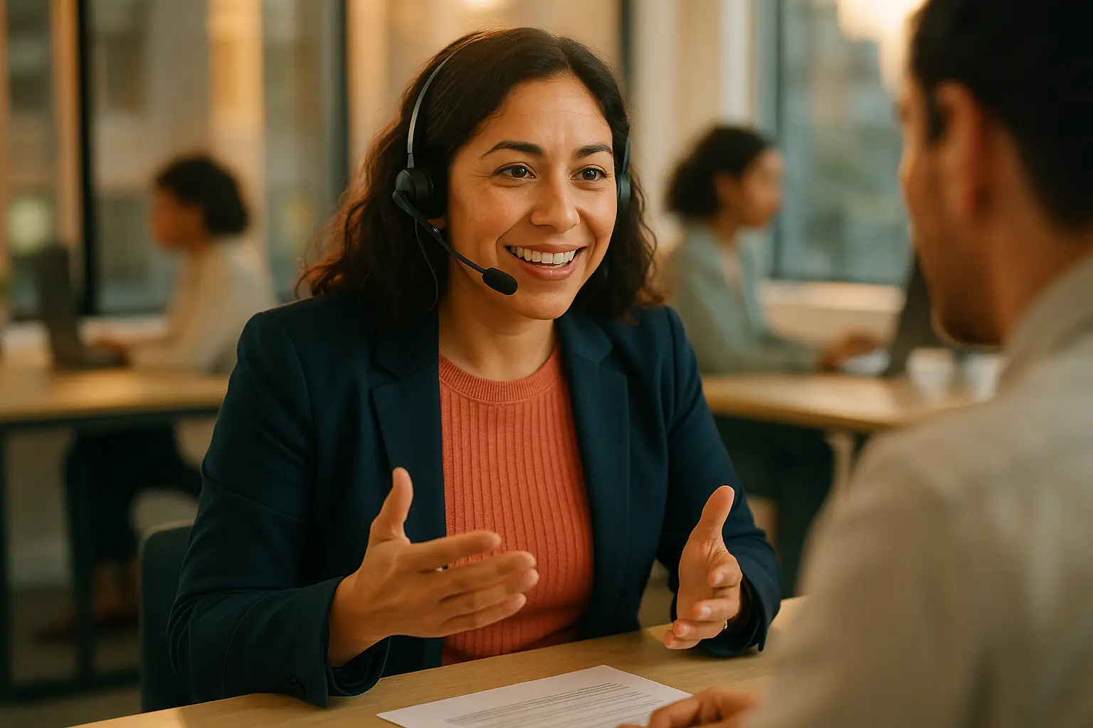 An insurance advisor talking with a client at her desk