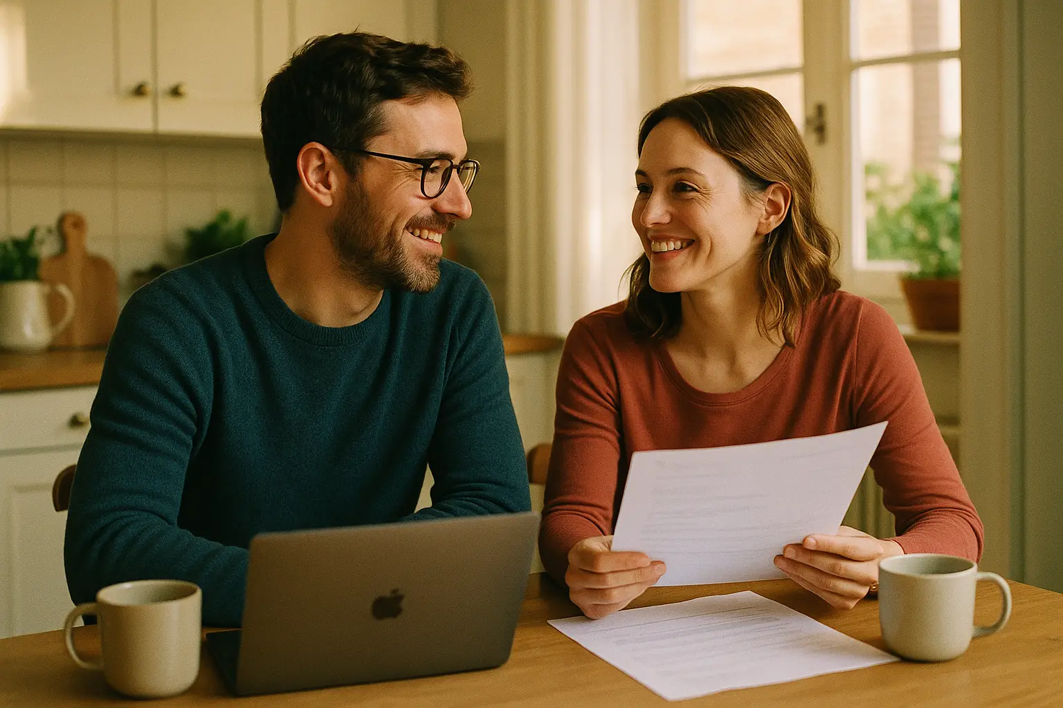 A young couple reviewing health plan paperwork at their kitchen table