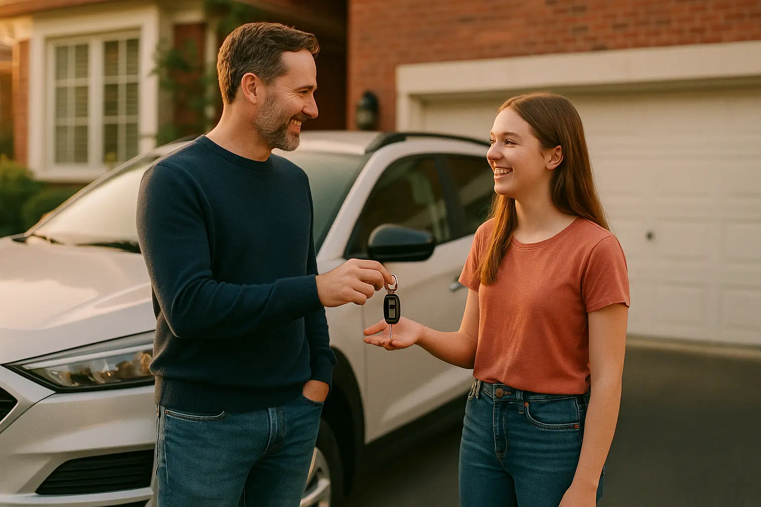 A father handing car keys to his teenage daughter in their driveway