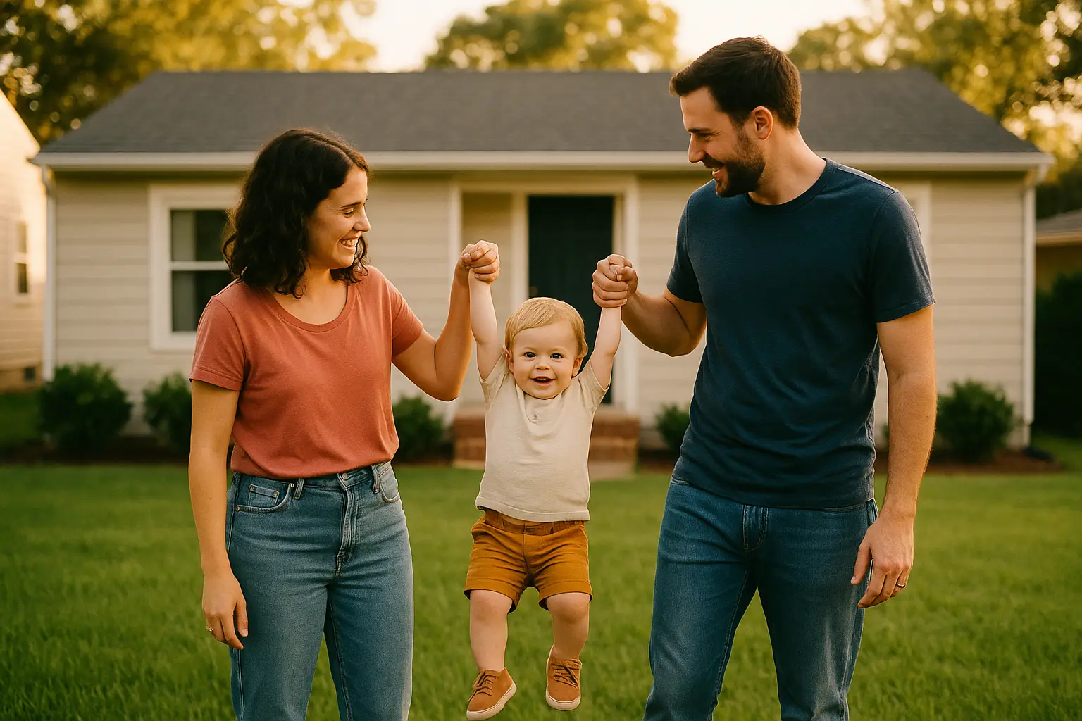 A young family standing in the front yard of their first home