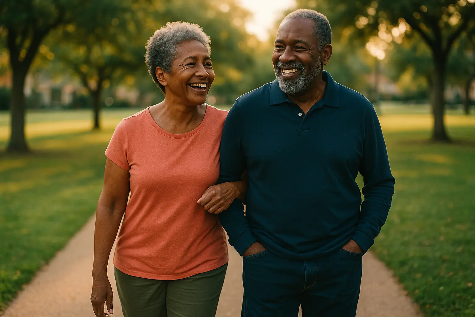 A couple in their sixties walking arm in arm through a sunny park