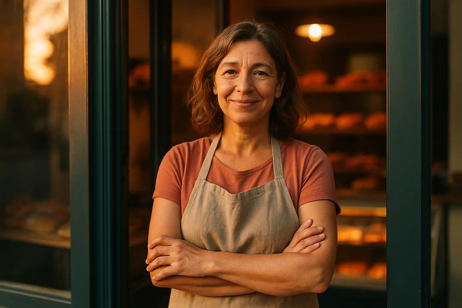 A small bakery owner standing at the door of her shop